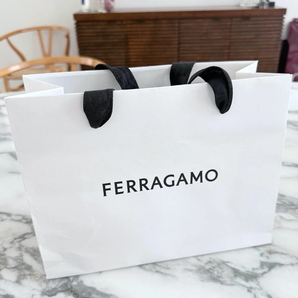 Ferragamo White Paper Shopping Bag Black Ribbon Handles Small Gift Bag